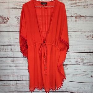 Club Z Collection Women's 2XL Red Pom Pom Trim Sheer Kaftan Cover Up Boho